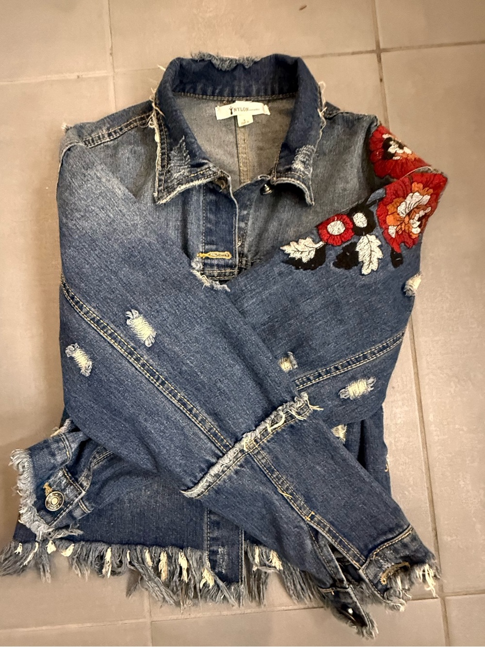 Embroidered Distressed Denim Jacket in Blue with Red Floral Accents - Picture 6 of 8